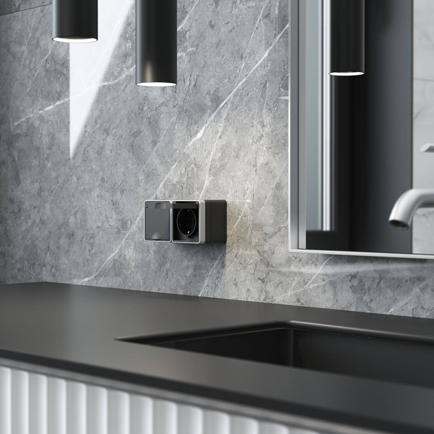 Розетка Werkel W5071234/ Розетка влагозащ. с зазем. с защит. крышкой и шторками Gallant (черный с серебром)