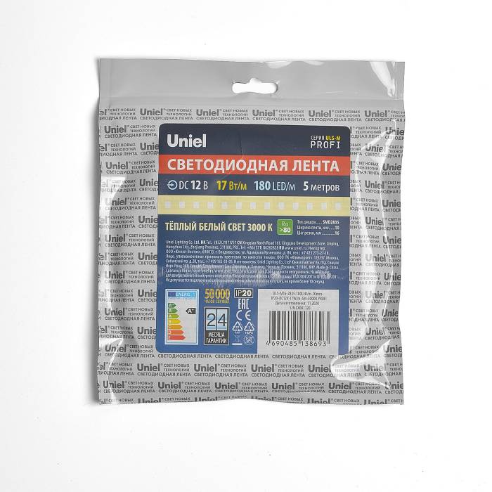 LED лента Uniel ULS-M16-2835-180LED/m-10mm-IP20-DC12V-17W/m-5M-3000K PROFI катушка в герметичной упаковке
