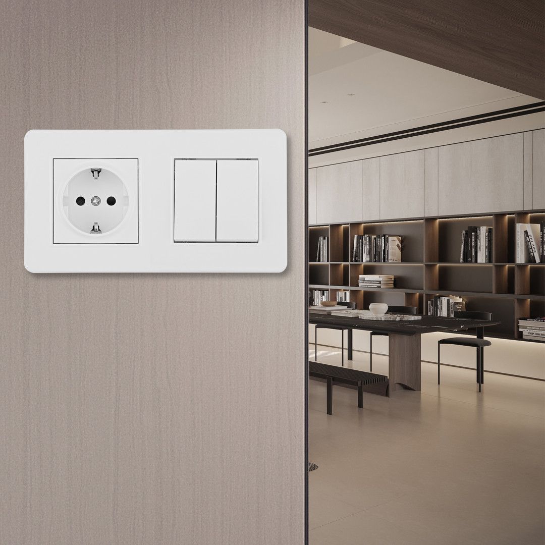 Выключатель двухклавишный с розеткой с заземлением и шторками Arte Milano Set16-2 SET16-2-40-1-30-2 white