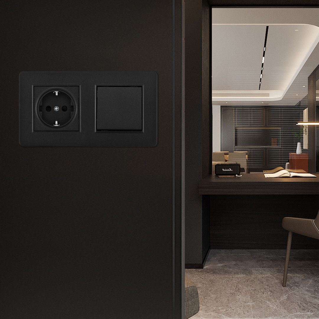 Выключатель одноклавишный с розеткой с заземлением и шторками Arte Milano Set16-2 SET16-2-40-1-30-1 black