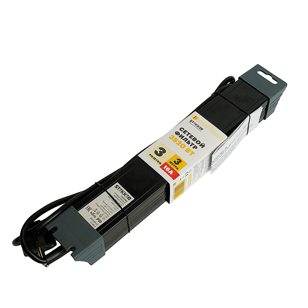 Сетевой фильтр 3-местный с/з 3x1мм2, 3 м, Stekker Techno 50154