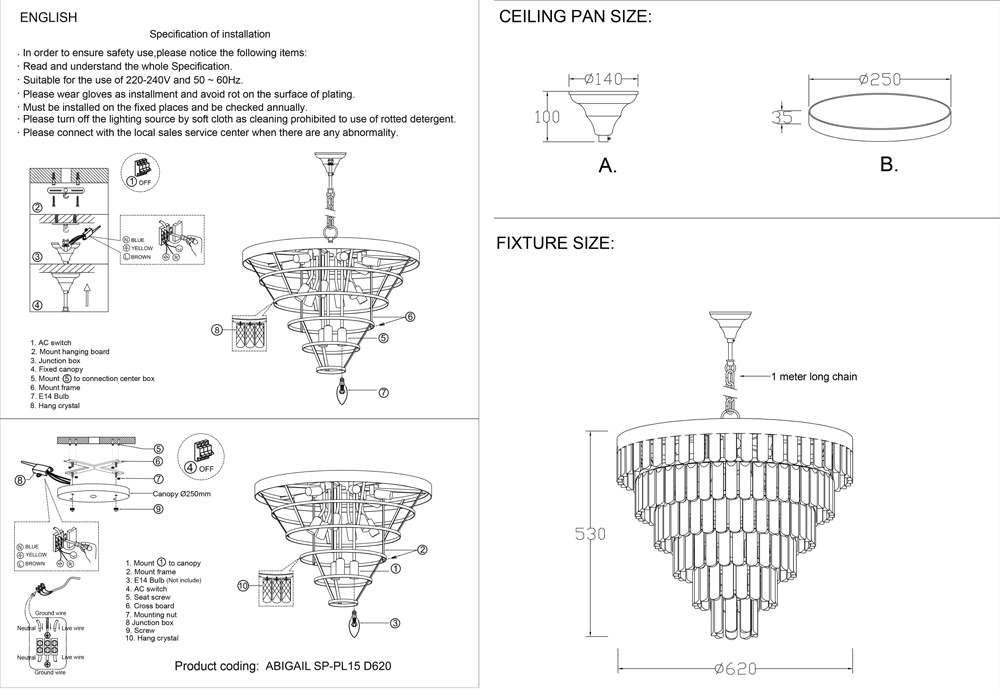 Подвесная люстра Crystal Lux Abigail ABIGAIL SP-PL15 D620 GOLD/AMBER