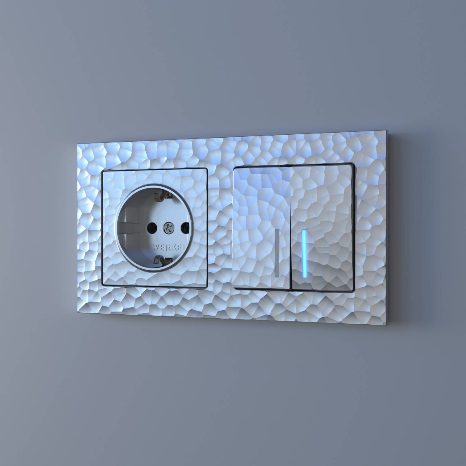 Выключатель Werkel W1222106/ Выключатель двухклавишный проходной с подсветкой (hammer серебряный)