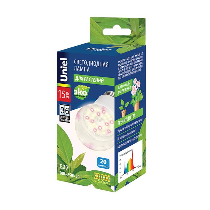 Лампа для растений Uniel LED-A60-15W/SPFB/E27/CL PLP30WH