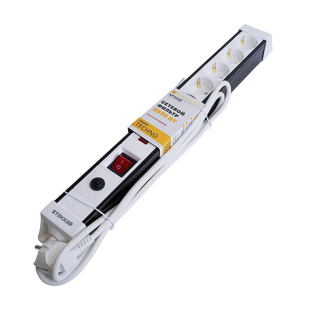 Сетевой фильтр 6-местный с/з 3x1мм2, 3 м, Stekker Techno 50151