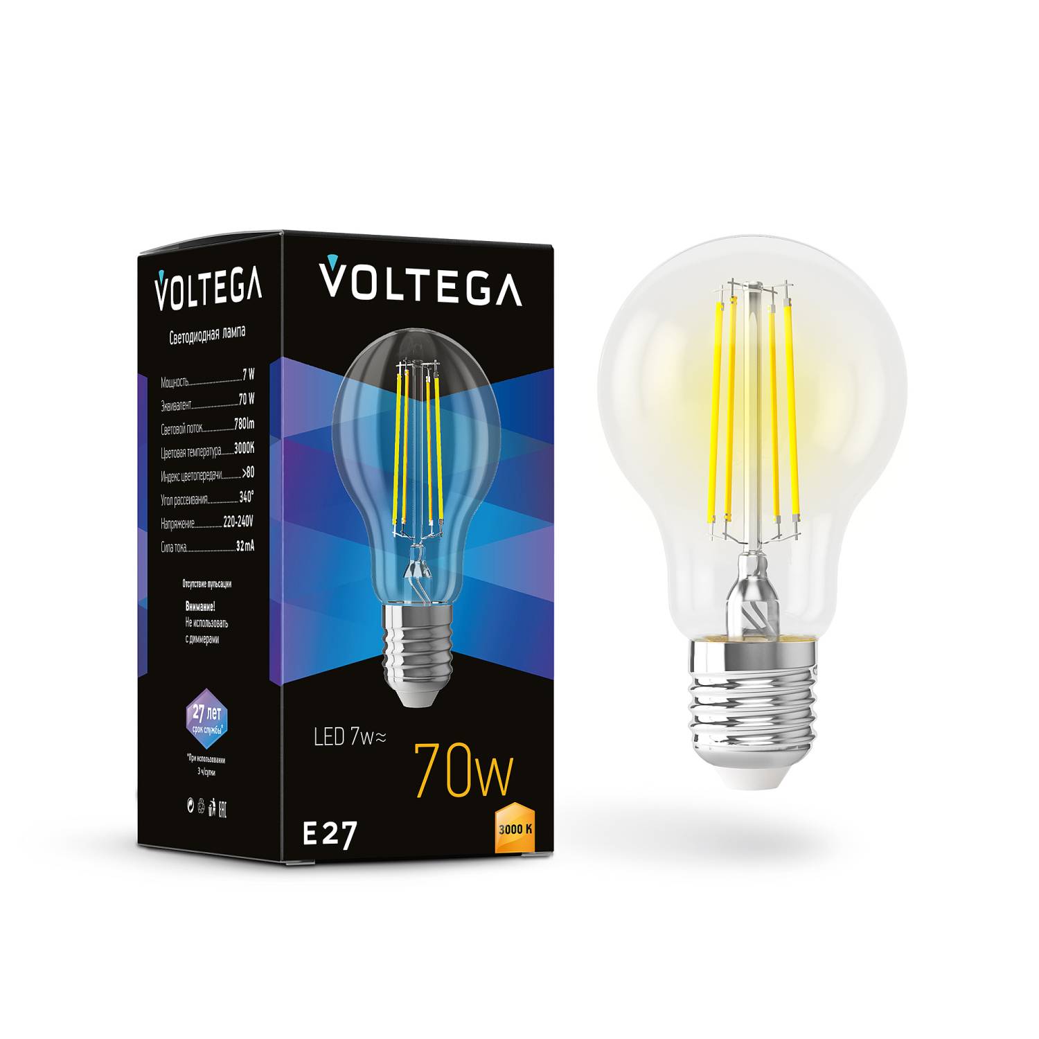 Светодиодные лампочки Voltega 7225 (E27)  (7Вт)  (3000K)  Светодиодные лампочки Voltega 7225 (E27)  (7Вт)  (3000K)