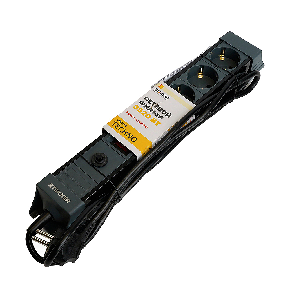 Сетевой фильтр 3-местный с/з 3x1мм2, 5 м, Stekker Techno 50155