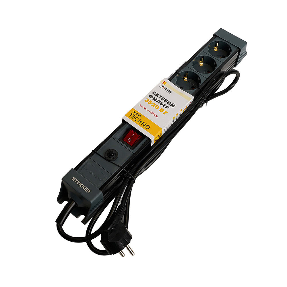 Сетевой фильтр 4-местный с/з 3x1мм2, 1,8 м, Stekker Techno 50156