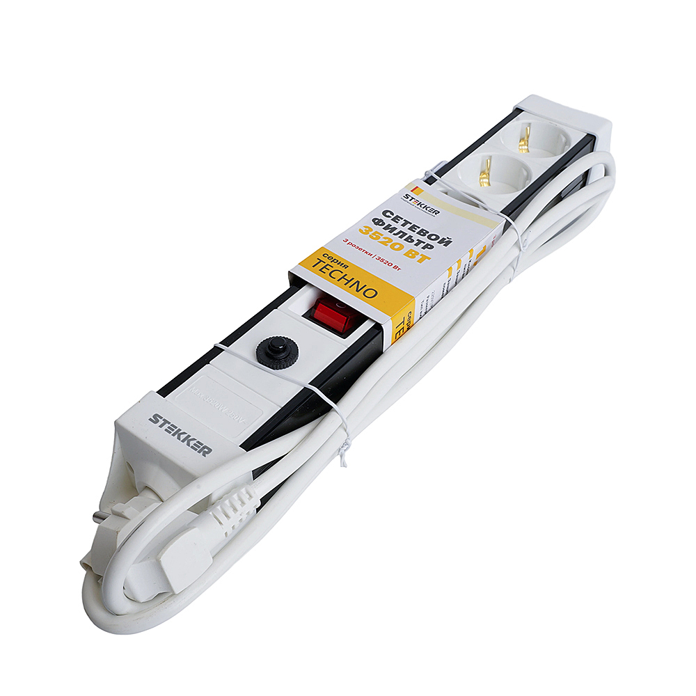 Сетевой фильтр 3-местный с/з 3x1мм2, 5 м, Stekker Techno 50146