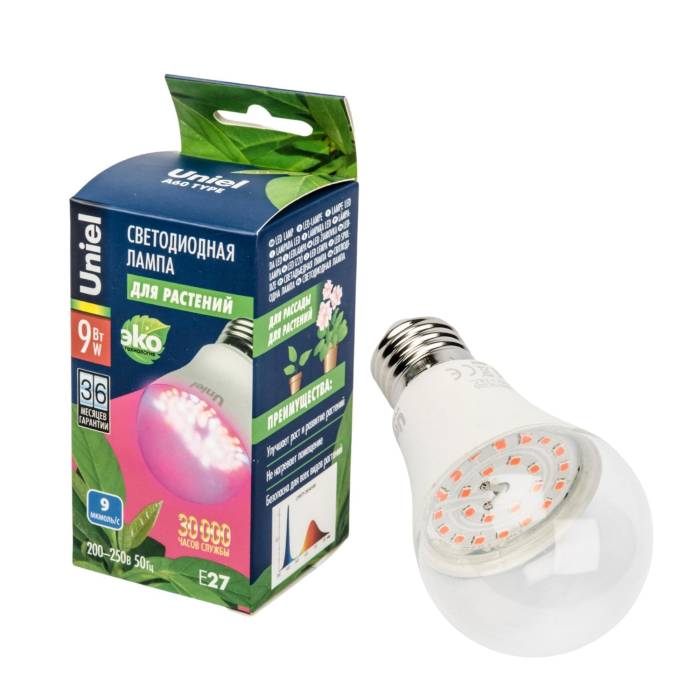 Лампа для растений Uniel LED-A60-9W/SP/E27/CL ALM01WH картон