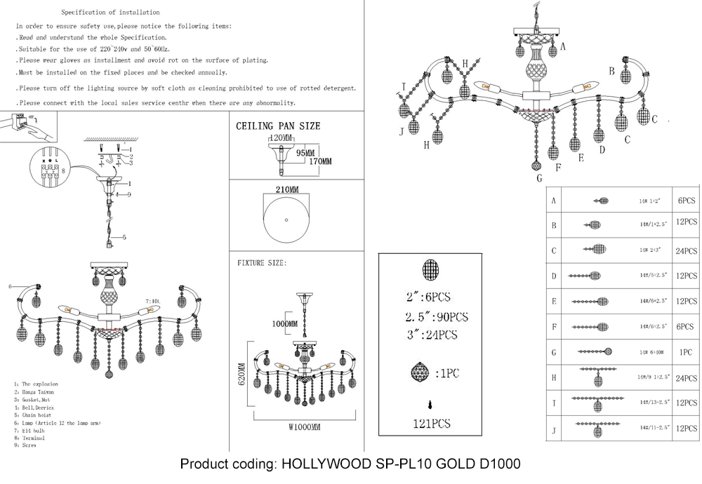 Подвесная люстра Crystal Lux HOLLYWOOD SP-PL10 GOLD D1000
