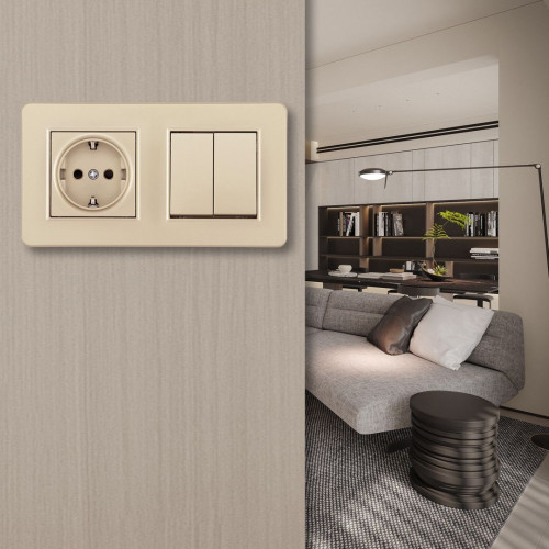 Выключатель двухклавишный с розеткой с заземлением и шторками Arte Milano Set16-2 SET16-2-40-1-30-2 shampan