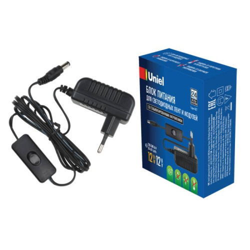 Блок питания для светодиодов с вилкой, 12 Вт, 12В, IP20 Uniel UET-VPA-012A20 12V IP20
