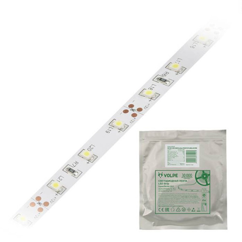 LED лента Volpe Uls-q320 ULS-Q320 2835-60LED/m-8mm-IP20-DC12V-4,8W/m-5M-3000K катушка в герметичной упаковке