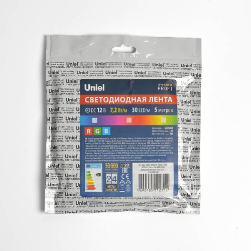 LED лента Uniel ULS-M22-5050-30LED/m-10mm-IP20-DC12V-7,2W/m-5M-RGB PROFI катушка в герметичной упаковке