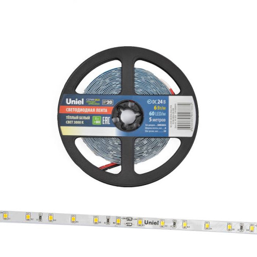 LED лента Uniel ULS-2835-60LED/m-8mm-IP20-DC24V-6W/m-5M-WW катушка в герметичной упаковке