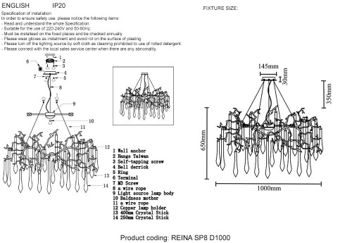 Подвесная люстра Crystal Lux Reina REINA SP8 D1000 SILVER PATINA