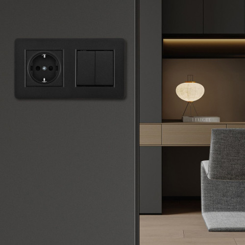 Выключатель двухклавишный с розеткой с заземлением и шторками Arte Milano Set16-2 SET16-2-40-1-30-2 black