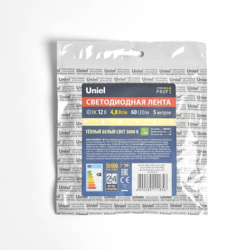 LED лента Uniel ULS-M11-2835-60LED/m-8mm-IP20-DC12V-4,8W/m-5M-3000K PROFI катушка в герметичной упаковке