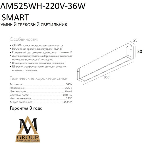 Трековый светильник AM Group Smart opal AM525 WH-220V-36W SMART